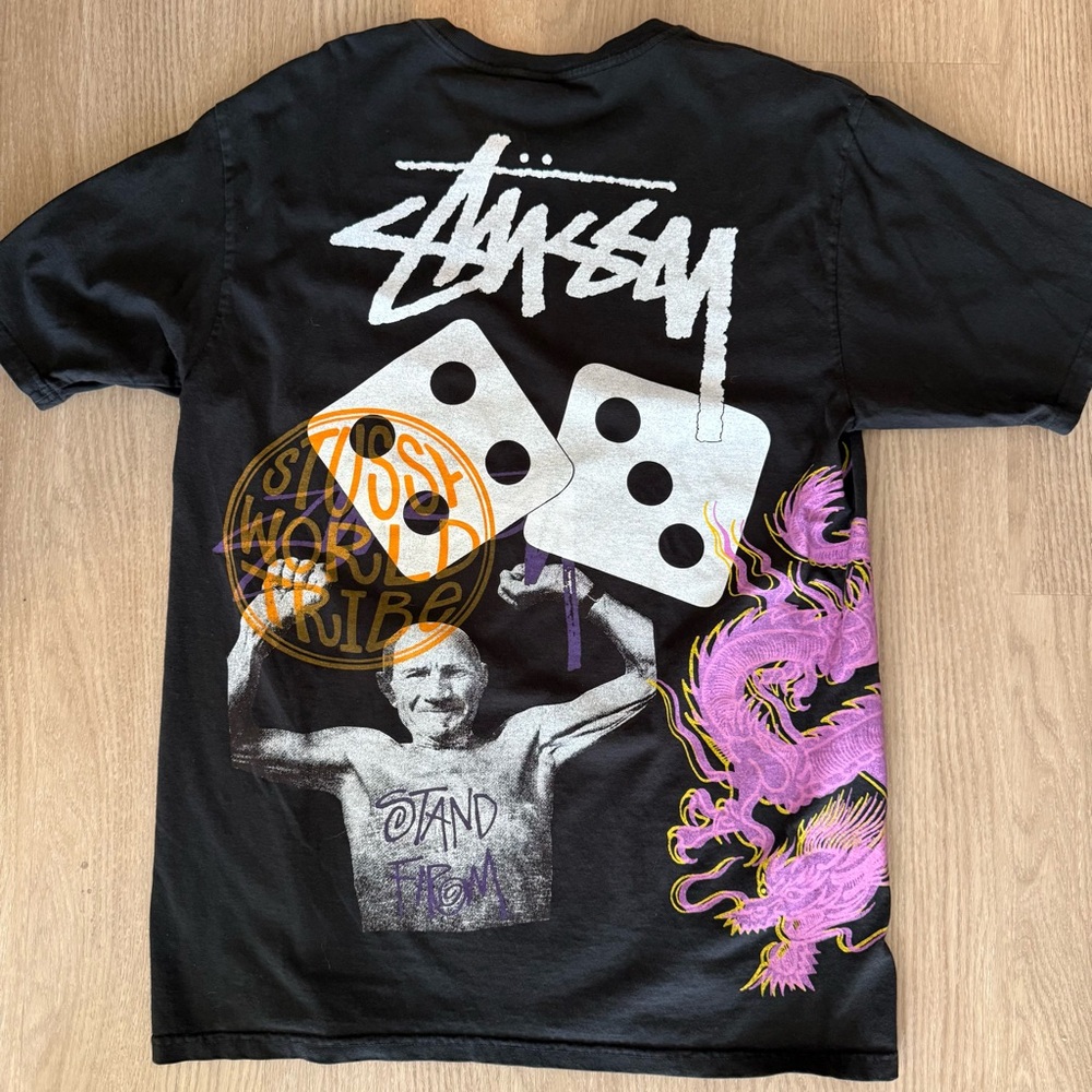 Stussy Black Short Sleeve Tee with White Logo & Multicolor Graphics